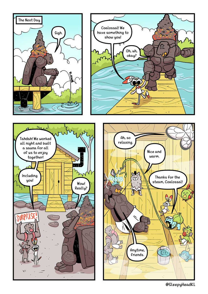 A couple pokemon comic pages about the fire type pokemon Coalossal! I did these for a pokemon zine called Fire Blast <a href="/fireblastzine/">🔥Fire Blast!🔥</a> , where everyone was assigned a different fire type pokemon to draw or write about 😊