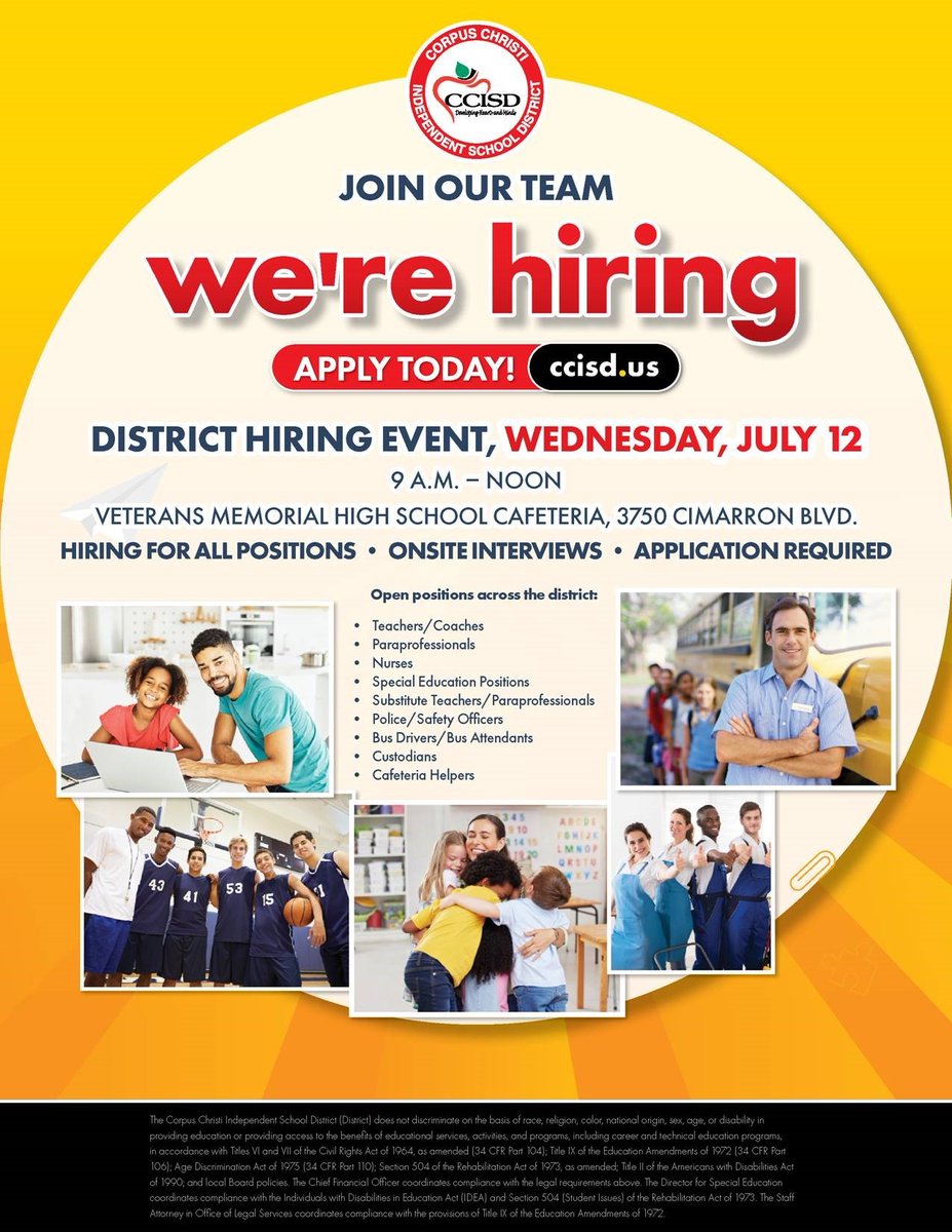 Happy Wednesday Jags! Corpus Christi ISD is having a job fair on Wednesday, July 12th! They will be hiring for a variety of positions. 

#uhv#jagfam#careerdevelopmentcenter