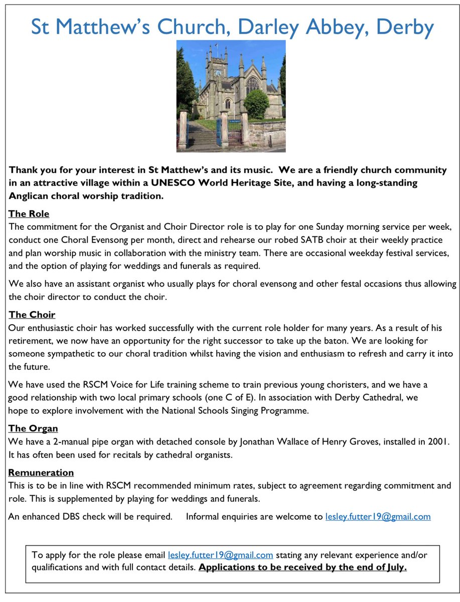 St Matthew’s Church are looking for a new organist and choir director #DarleyAbbey #Derby #organist #RSCM