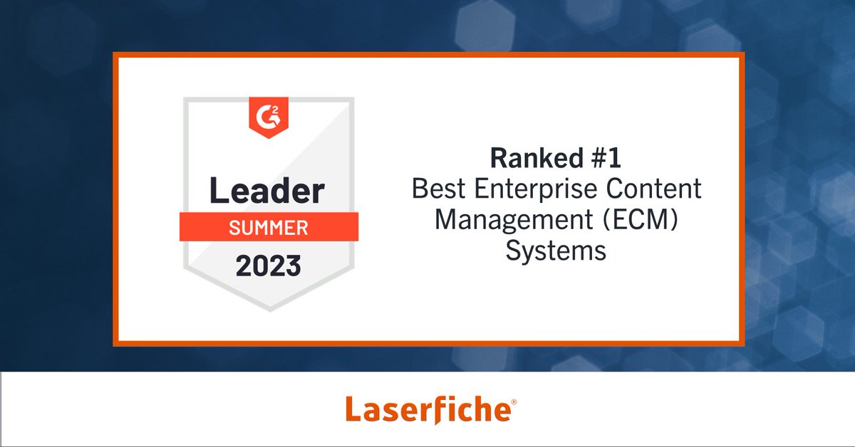 laserfiche's tweet photo. We're proud to be ranked #1 in the Enterprise Content Management (ECM) category in @G2dotcom's Summer 2023 report! Thank you to our customers for sharing the many innovative ways they use Laserfiche. Visit G2 to learn more: https://t.co/xiCIS53Wnu https://t.co/gdgW9Ir77O