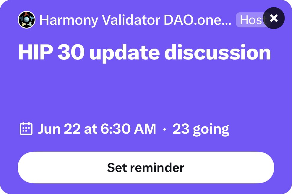 kratos_harmony's tweet photo. The most anticipated: @harmonyprotocol HIP 30  is happening TOMORROW: June 22, 6:30a PST

This Harmony Improvement Proposal (HIP-30) aims to optimize the $ONE validator network, enhance the network’s overall performance, and align token emission with the long-term sustainability of the ecosystem

#HarmonyONE Lead architect @caseygaETH and @sophoah to join as well  🙌 

With the implementation of HIP-30:  Tuning of shards and BLS keys, the fee would be very much affordable; thus bringing the excellence as we are on track to “The Journey to 1-Second Finality” to empower #ArtificialIntelligence, striving to “Make Something People Want” 🚀
