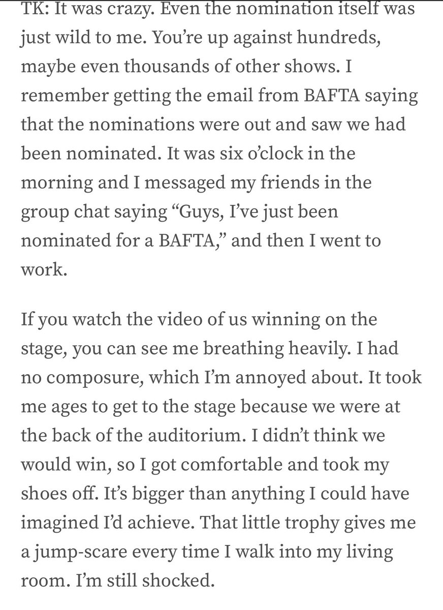 particularly enjoy this lil anecdote on me messaging <a href="/Simmoneahiaku/">Blade Brown's Scales</a> <a href="/TheMakedah/">MDM 💙</a> <a href="/Imekulo/">tank girl</a> <a href="/Simonnewith2Ns/">Simonne</a> and Hannah at like 6 in the morning about the nomination and forever being annoyed at how i’m breathing on the stage and the BAFTA trophy being a jumpscare