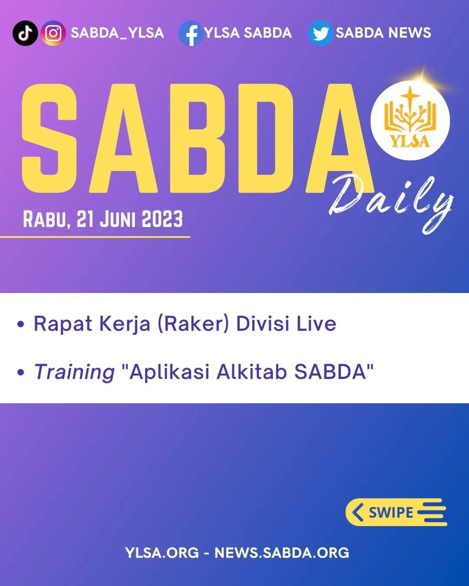 sabda_ylsa's tweet photo. Shalom Sahabat SABDA. Selamat menyambut akhir pekan.
Ada beberapa info hangat seputar pelayanan YLSA hari ini. Mari simak informasinya melalui SABDA Daily 21 Juni 2023!
Untuk mendapatkan info selengkapnya, mari kunjungi https://t.co/uBRpNvumtF!
#news #SABDA #YLSA #daily https://t.co/hXfLbmnPEd