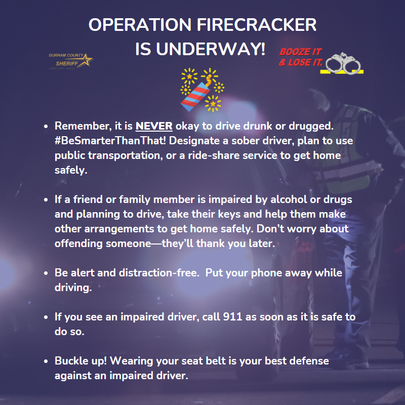 The @NC_GHSP   4th of July Booze It & Lose It Campaign #OperationFirecracker is underway. We want to remind you that law enforcement across NC  will be watching for impaired drivers thru 7/9.  So make sure when you're celebrating the 4th, you have a safe ride home.