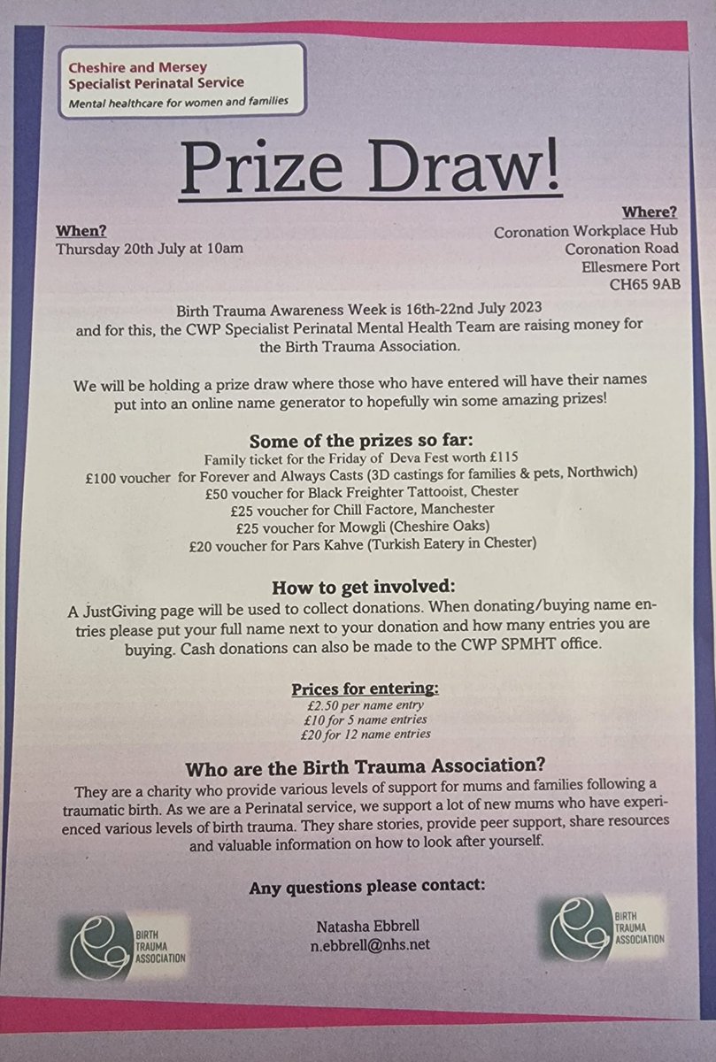 The Cheshire and Wirral team are putting on a prize draw for #birthtraumaawarenessweek2023 to raise funds for @BirthTrauma If anyone would be able to contribute any prizes it would be incredible for such a worthy cause, please drop us a DM #birthtrauma #perinatalmh #prizedraw