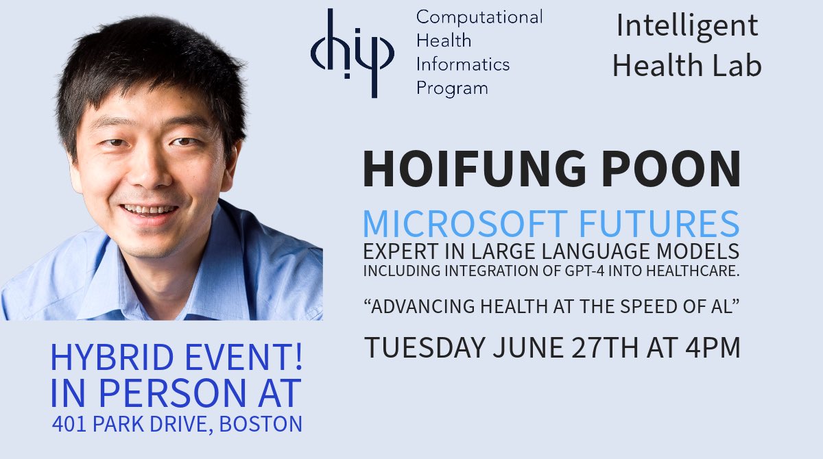 Come join us this coming Tuesday, June 27th at 4pm
Register here: docs.google.com/forms/d/e/1FAI…
<a href="/bos_chip/">CHIP Informatics</a> <a href="/hoifungpoon/">Hoifung Poon</a>