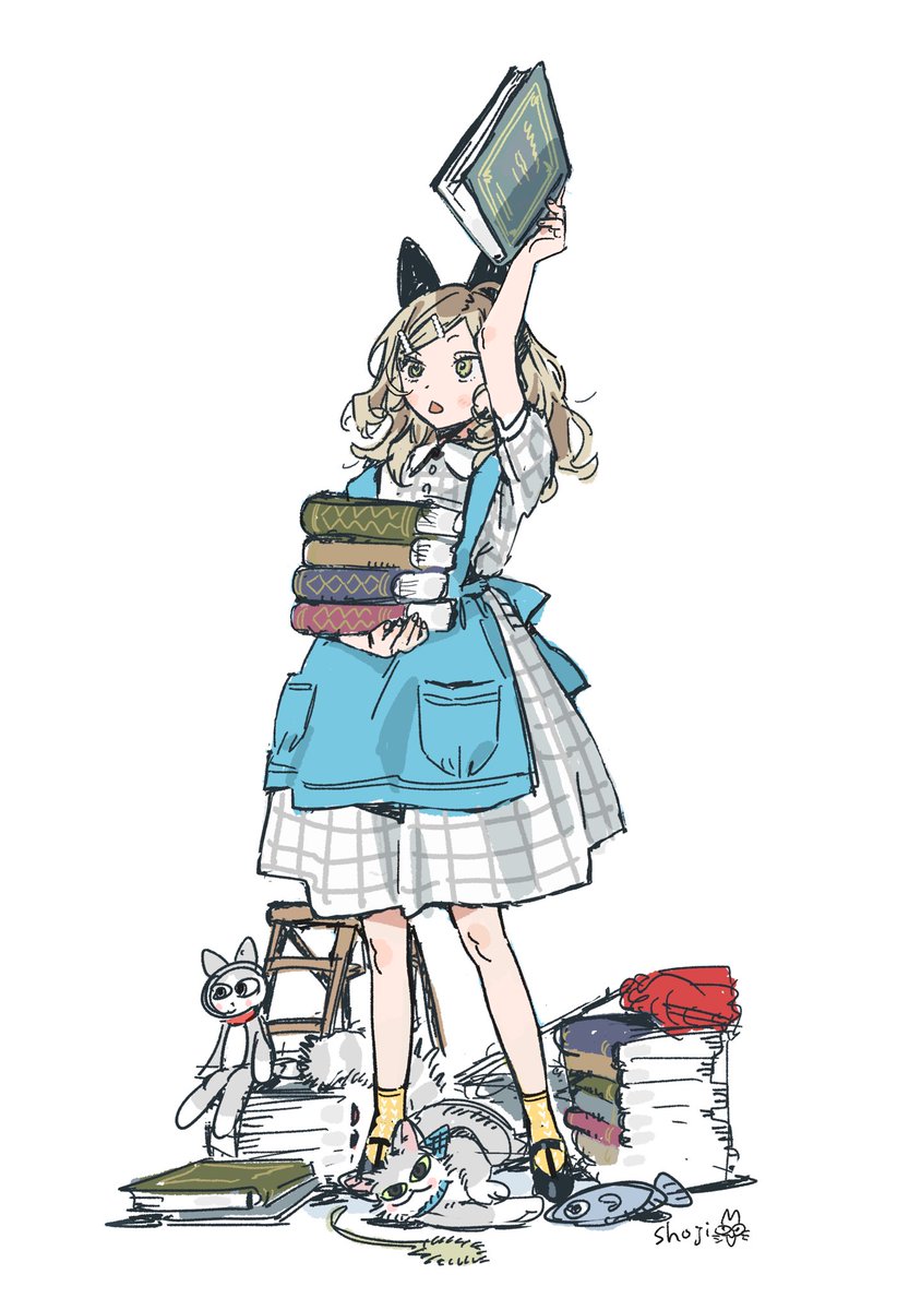 1girl book solo book stack white background holding apron  illustration images