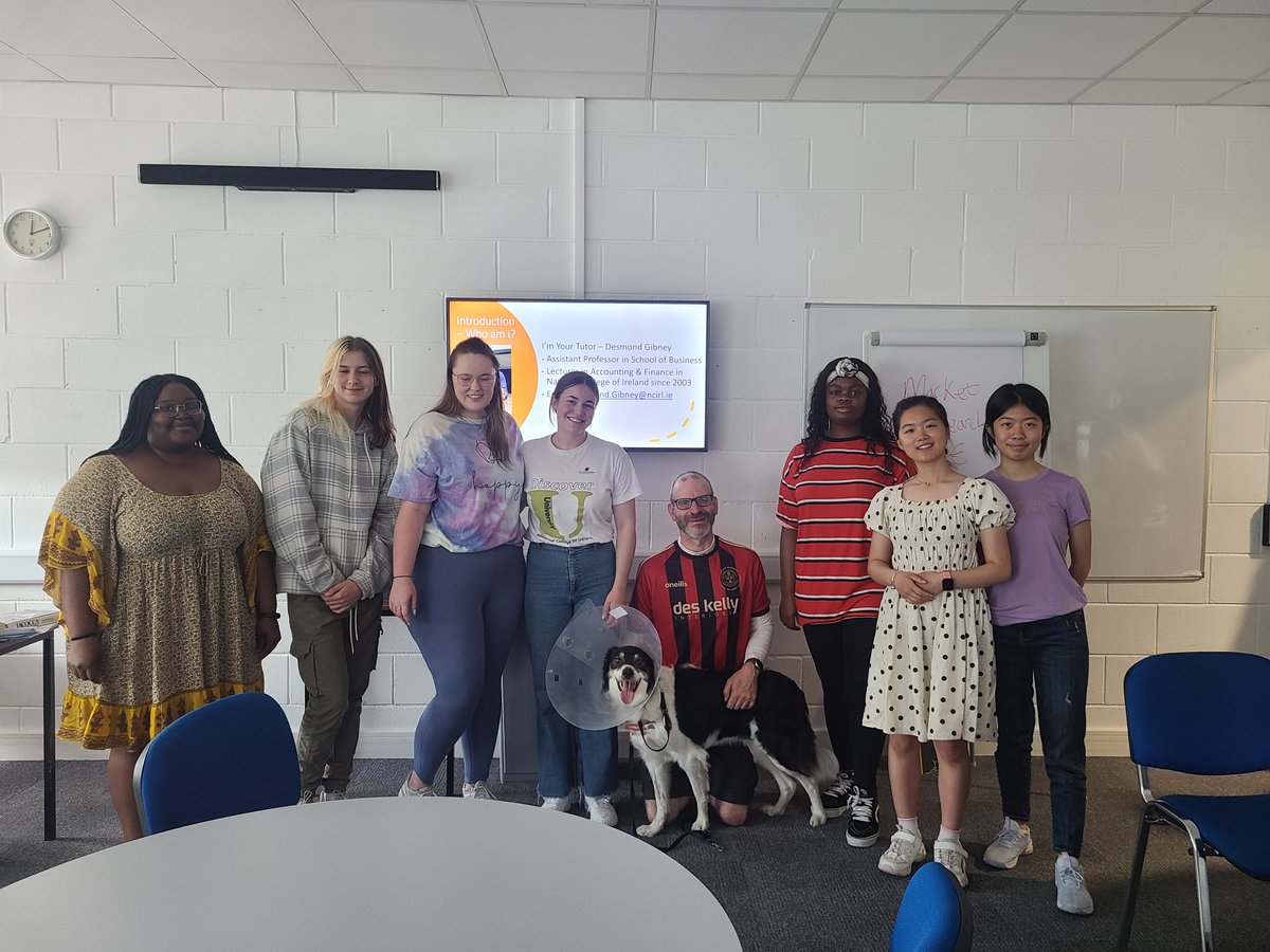 Today I started leading a week-long programme for @ELI_Docklands 'Discover University' in @NCIRL, where secondary school students learn about business and complete a Dragons Den-type challenge of starting their own virtual business. My dog Harry joined me!🐶 #BringYourDogToWork