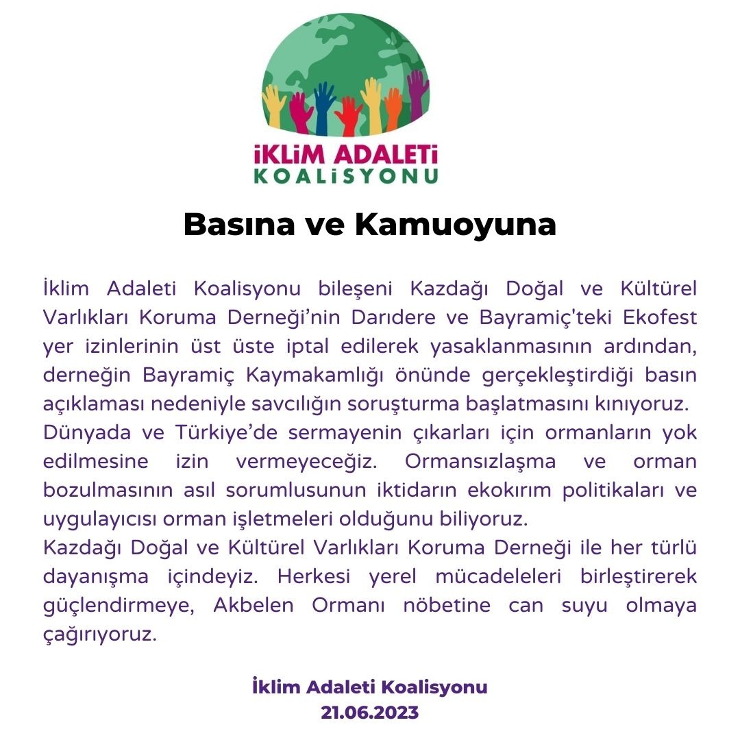 @kazdagikoruma Derneği'nin düzenlediği @ekofest1 'e getirilen yasağın ardından soruşturma başlatılmasını kınıyoruz 
#DayanışmaYaşatır