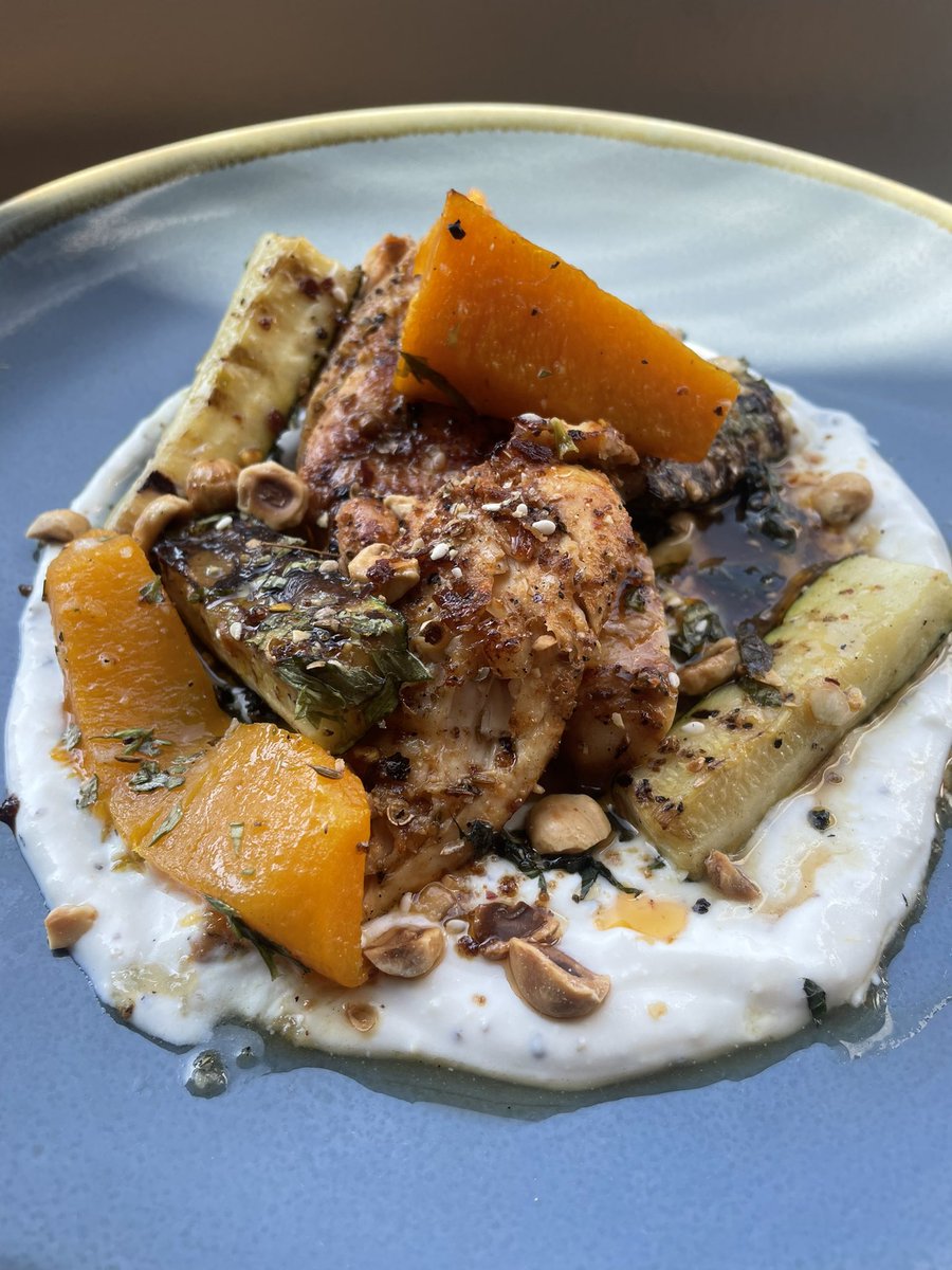 FirstCoast1's tweet image. harissa grilled chicken breast, whipped feta, courgettes, squash, dukkah &amp;amp; chilli oil