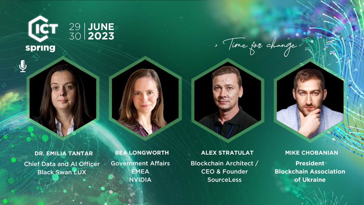 📢  Speakers will discuss "How AI will disrupt businesses and the society in the years to come?" at #ICTSpring

⭐ Dr. Emilia Tantar BlackSwan LUX
⭐ Bea Longworth <a href="/nvidia/">NVIDIA</a>
⭐ Alex Stratulat <a href="/SourcelessB/">SourceLess</a>
⭐ Michael Chobanian <a href="/KunaExchange/">Bartolini</a> <a href="/blockchainUKR/">Blockchain Association of Ukraine</a>

➡ buff.ly/2YvCwa0