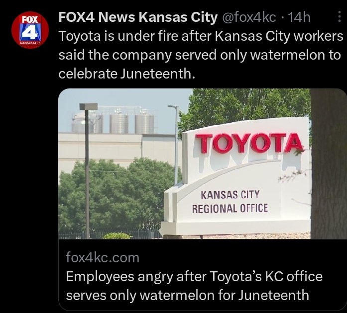 @fox4kc @_RaeTheMartian_ I can vouch for this. I worked out at #Toyota here in #Kentucky. For #BlackHistoryMonth    they served chicken and collard greens  I addressed the issue, but everyone acted like I was overreacting. Even the #BlackPeople. I'm supposed to be going back, but keep putting it off.