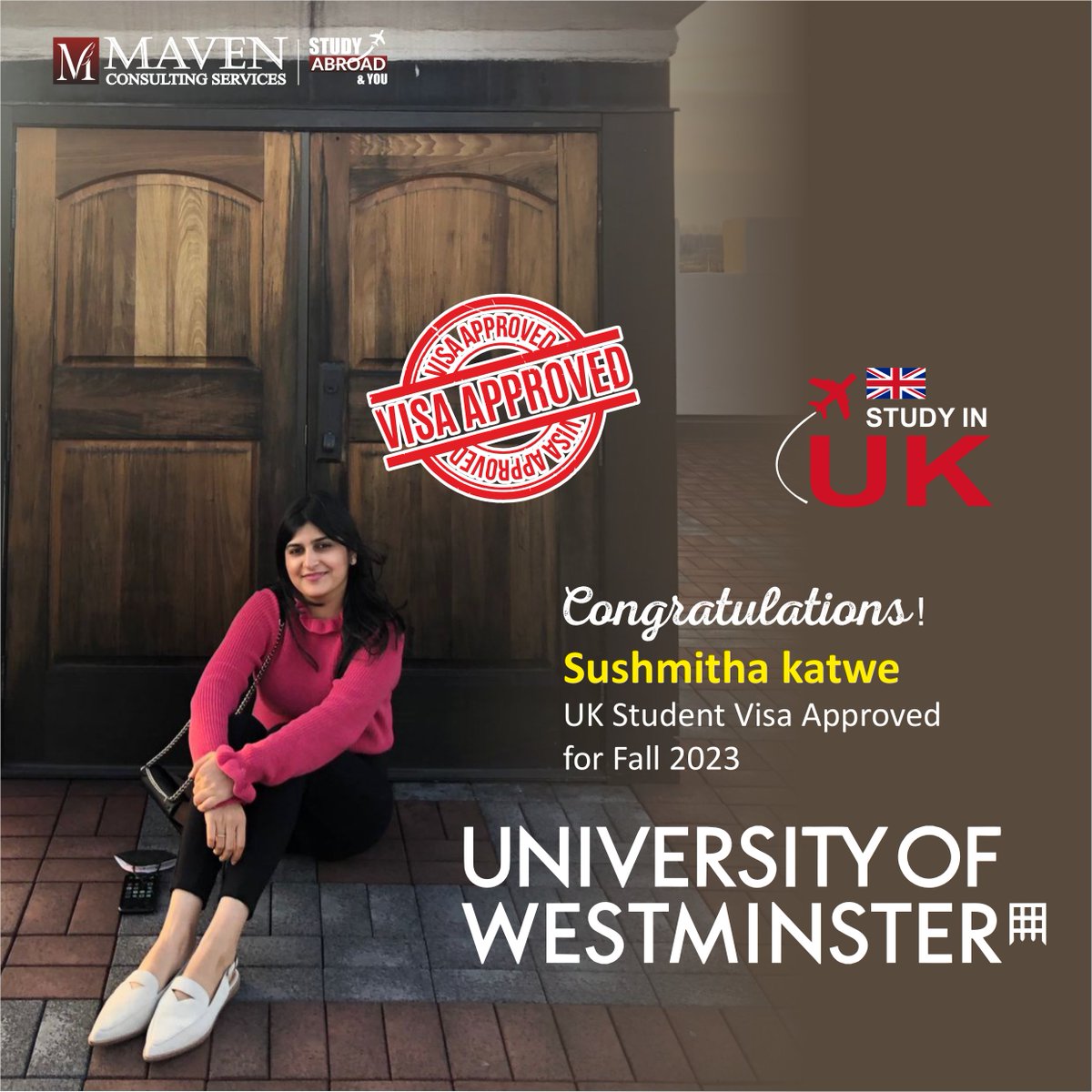 🎉🍁 Visa vibes! Huge congrats to Sushmitha Katwe for securing your UK student visa for Fall 2023! 🎓✈️ Get ready to rock those maple leaves and chase dreams! 🇬🇧💫 #StudyInUK #VisaApproved #AdventureAwaits