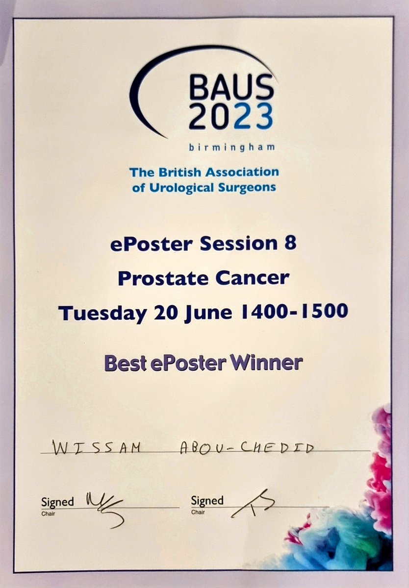 It was a pleasure to present our experience with #Self_TWOC post #RARP at #BAUS23 Our poster was awarded the first prize in the Prostate Cancer session, a testament to #teamawesome @RoyalSurrey that continues to lead the way in #prostatecancer care @ProstateUK @_ProstateProjec