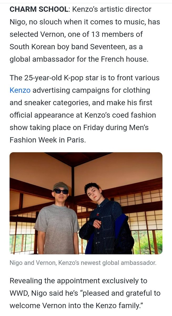 WorldwideCarats's tweet photo. [INFO] #VERNON is now officially announced as KENZO’s Global Ambassador!

He will be attending KENZO's 'SS24 Runway Show by Nigo' at the Paris Fashion Week.

The show will be on June 23, 2023 – 8PM CEST (June 24, 2023 – 3AM KST).

#VERNONforKENZO
#버논 #세븐틴 @pledis_17 https://t.co/3kDX5MGZJd