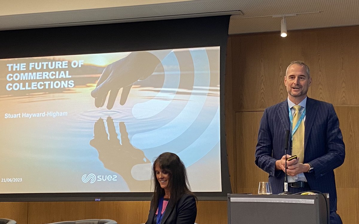 CIWM's tweet photo. Stuart Hayward-Higham from @suezUK says we’re in the "Age of Intervention". “Where is the one voice in the sector that goes to the gov departments to say: this what we need to do?” he says as he looks at the Future of Commercial Collections. #rtf23 https://t.co/HgSvcJvvvi