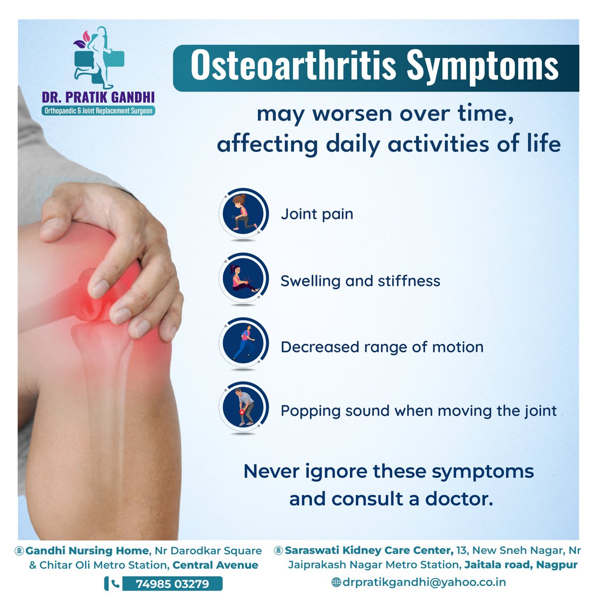 Recognizing the signs of Osteoarthritis is key to early intervention! Don't ignore the symptoms, take action for better joint health.

#OsteoarthritisSymptoms #JointPain #Stiffness #Swelling #LimitedMobility #BoneSpurs #JointCracking #JointTenderness #ListenToYourBody