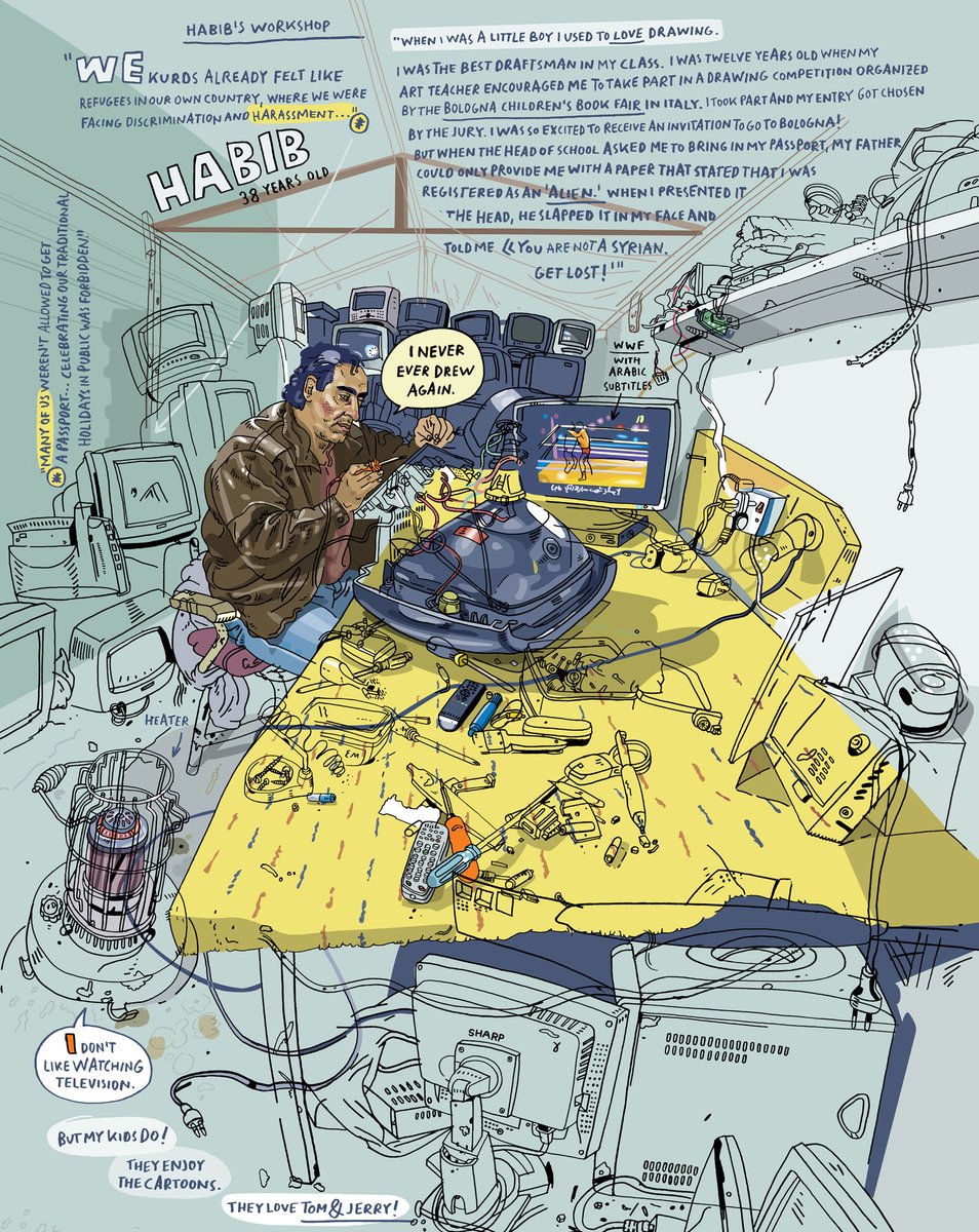 olivierkugler's tweet image. It's Refugee Week 2023 @RefugeeWeek 

Here is a drawing portraying Habib, a Syrian Kurd who I interviewed (Dec. 2013) in his TV repair workshop in Domiz Refugee Camp. He told me that he used to be the best draftsman in his class and why he decided to stop drawing when he was 12.