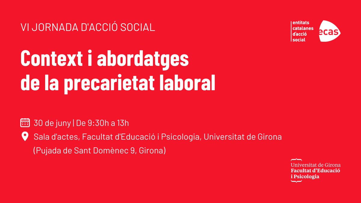 ecasacciosocial's tweet photo. 📢 VI Jornada d'Acció Social
Context i abordatges de la precarietat laboral

📆 30/06
🕤 9:30h - 13h
📍 Sala d’actes, @UdGEducacioPsic

🗣️📋Programa i inscripcions:  https://t.co/MCZczPJC96 https://t.co/ZEiFMjMy0N