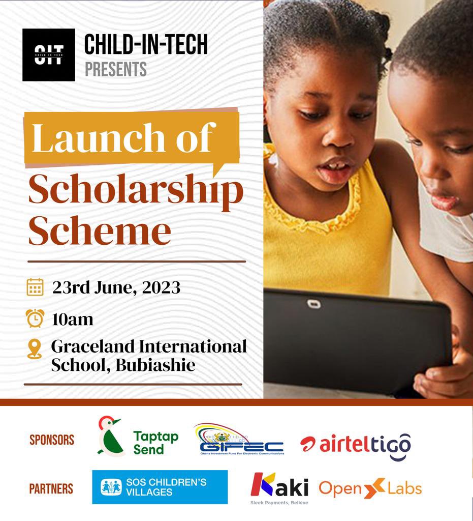 Coming right up on the 23rd of June,2023
The Launch of Scholarship Sheme🥳💕
It will be at Graceland international school, Bubuashie
Watch out for this… 
For more info, kindly contact us on any of our social media handles 

#childintech #technology #youngleaders