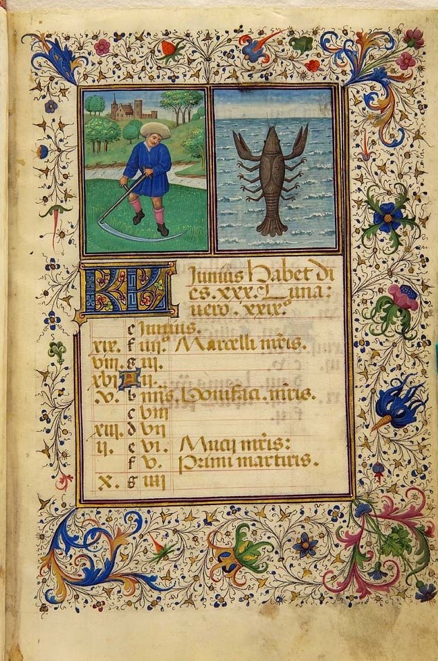 libromedieval's tweet photo. ¡Hoy comienza el verano! 
Mes de junio y cáncer, Libro de Horas de Isabel la Católica, ca. 1450 - 1499, Real Biblioteca del Palacio Real, Ms. II/Tesoro, fol. 6r. 
#solsticiodeverano #verano #LibrosdeHoras https://t.co/zcpWmqFT7G
