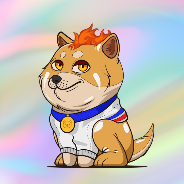 A baby doge NFT with dreamy background, fluffy baby fur, and a love for racing wears a cool racer outfit. Its astro mouth and fiery eyes show its determination to win. It wears a fire headwear to match its fiery spirit.
