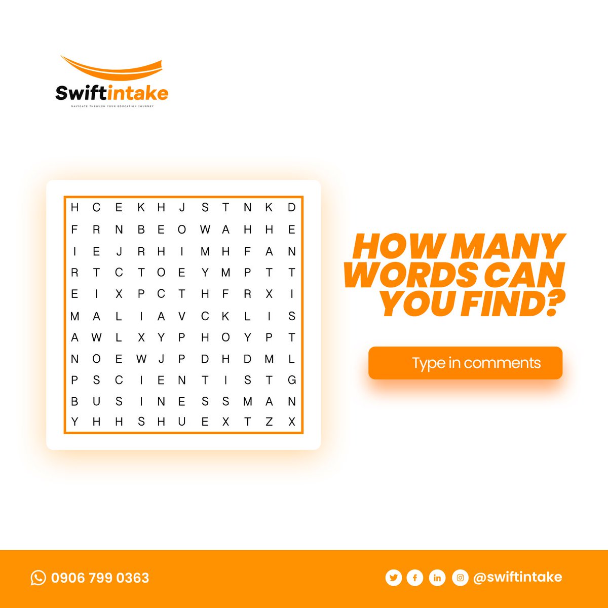 swiftintake's tweet image. 🔍 Word Search Challenge! How many words can you find? 🧩 Type your answers in the comments below and put your word-searching skills to the test with Swiftintake! Let&apos;s see who can find the most words! 💪✨
           #WordSearchChallenge #Swiftintake #FunWithWords