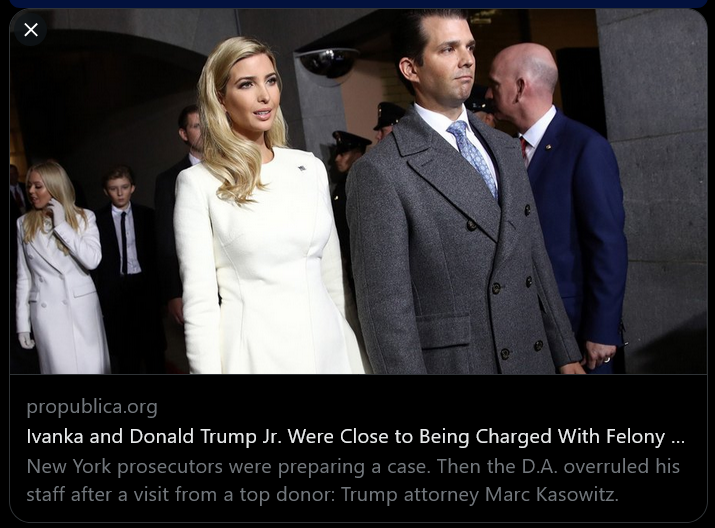 Did Ivanka & Donald Jr. buy themselves a NY DA...?
#FreshResists #ONEV1 #BluePride #DemVoice1 #ResistanceUnited #wtpBlue #DemCast 
-- If you read the article it would seem so and they don't cost as much as SCOTUS Justices...
-- Ivanka and Donald Trump Jr. Were Close to Being…
