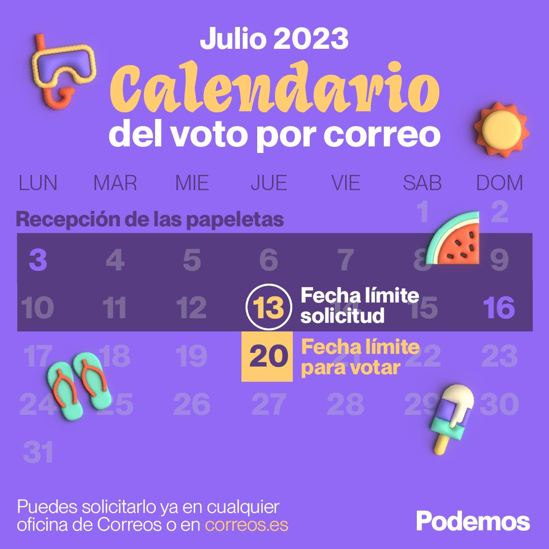 Tu voto es fundamental este 23J y por eso nadie puede quedarse sin votar.

Entra en correos.es y solicita tu voto por correo hasta el 13 de julio. Después tendrás hasta el 20 de julio para depositarlo en la oficina de correos.

No te quedes sin tu #VotoPorCorreo23J