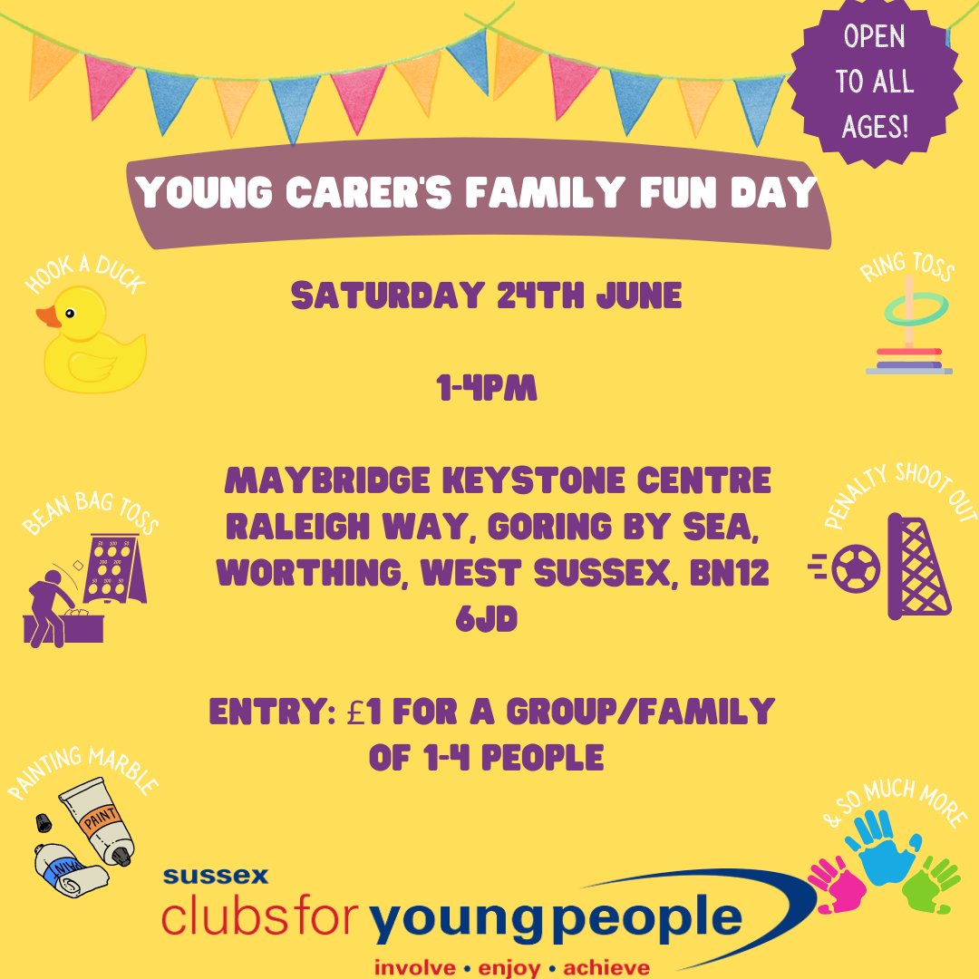Looking for something family-friendly to do this weekend? 👀

⏰1-4 pm 

💰£1 entry ( For Group/family 1-4 people) 

🎯Games for 20p, prize every time! 

📍Maybridge Keystone Centre, Raleigh Way, Goring-by-sea, BN12 6JD 

#Youngcarers #Inspire22 #UkYouth @UKYouth