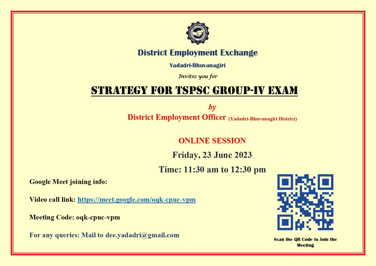 dee_yadadri's tweet photo. District Employment Exchange invites the aspirants of Group IV exam, to take part in the online session ( 23 June 2023), for Strategy and Tips and improve their chances to crack the #TSPSC exam to be held on 01 July 2023. 
@Collector_YDR 
@ACLB_Yadadri 
@Dist_Yadadri https://t.co/Qj9KXlSbcE
