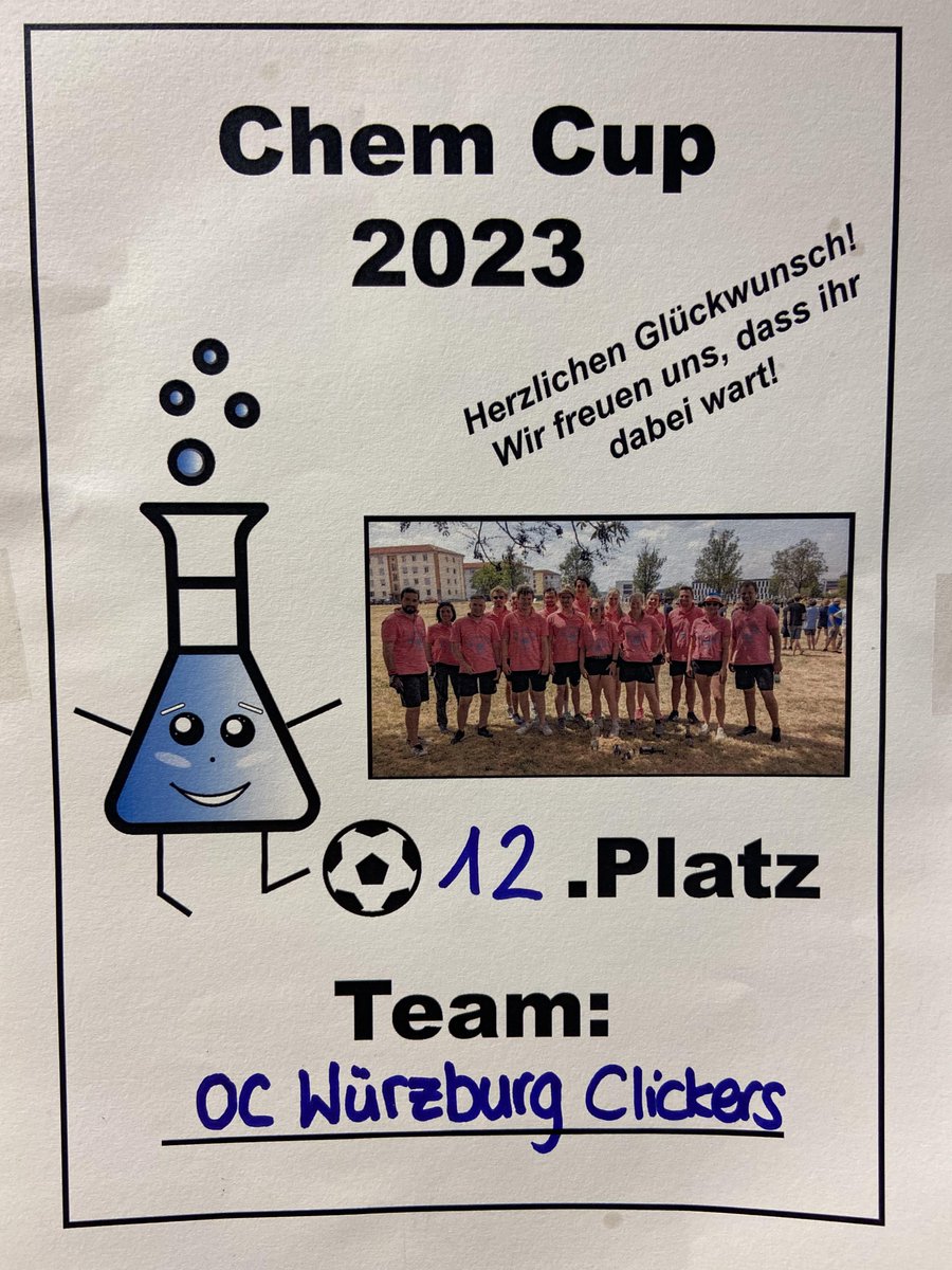 GroupSeibel's tweet photo. Finally, after three years break, the Chem Cup took place again. We participated with our team "OC Würzburger Clicker" and made the 12th place. ⚽️ Thank you to the organizers! We had a great time yesterday! 
#chemcup  #chemistry https://t.co/CFALyij2Rd