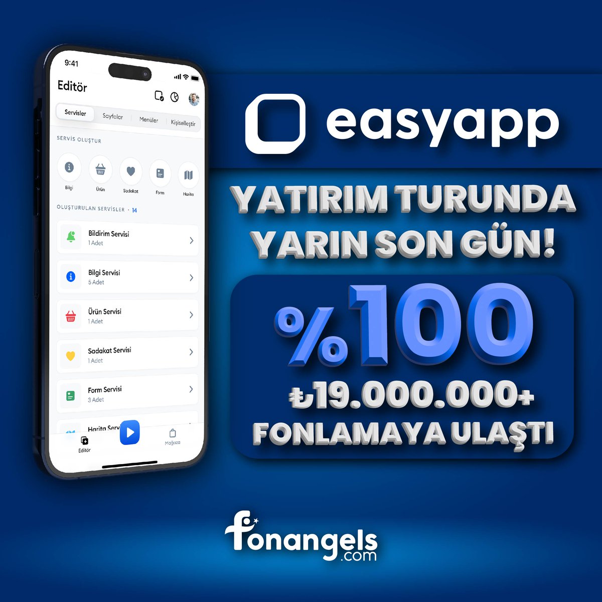 fonangelscom's tweet photo. Easyapp %100 fonlamaya ulaştı. Yatırım turunda yarın son gün! 📢
Projeyi incelemek ve yatırım yapmak için https://t.co/tVNbi7YH0r ziyaret edebilirsiniz.
#fonangels #easyapp #startup #kitleselfonlama #fonlama #girişimcilik #teknoloji #yatirimci @easyapp_co https://t.co/RqJmpQge76