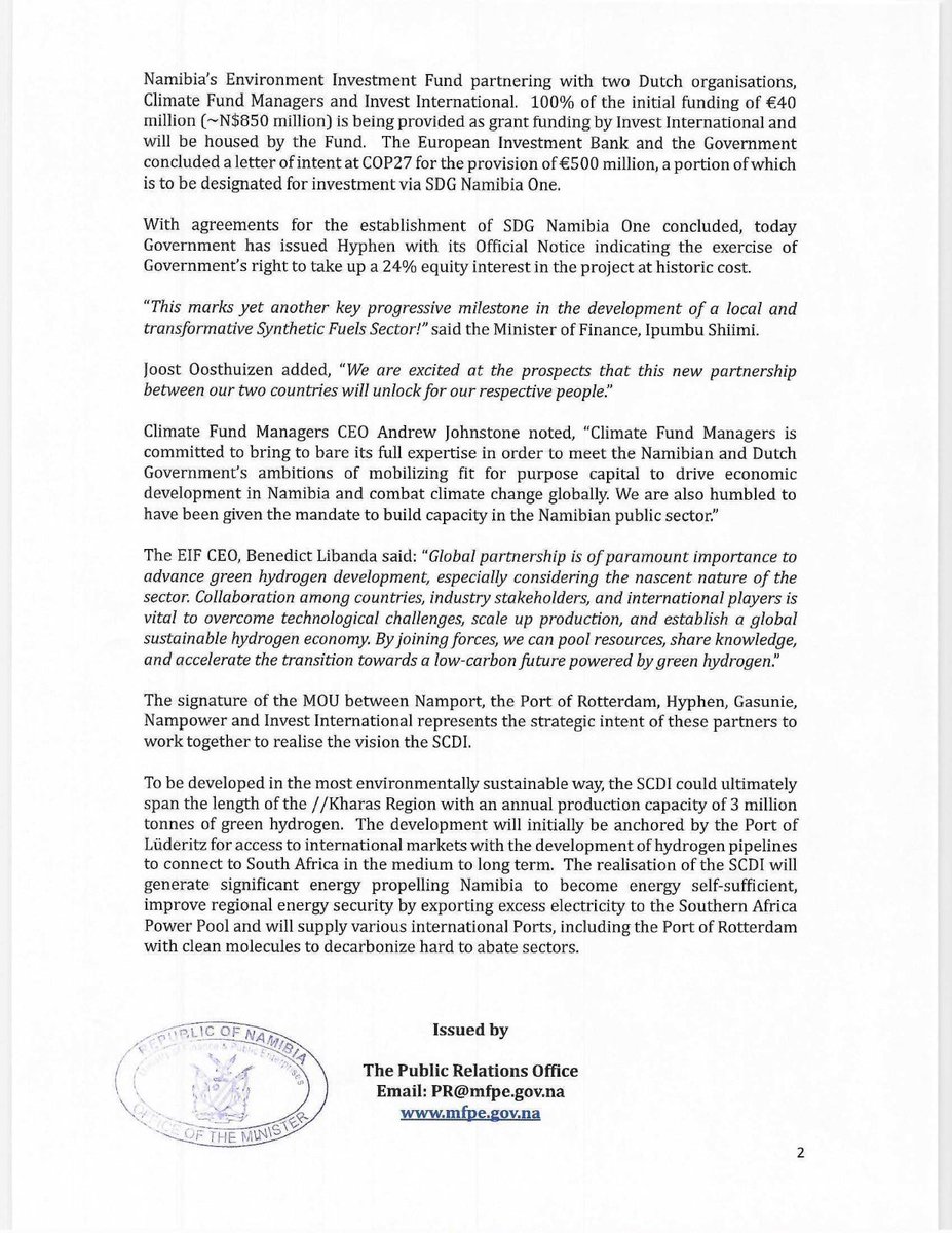 NamPresidency's tweet photo. Memorandum of Understanding Between the Government of the Republic of Namibia and Dutch Partners #GreenHydrogen #NH2 #hpp2 https://t.co/KLjcZeXqwI
