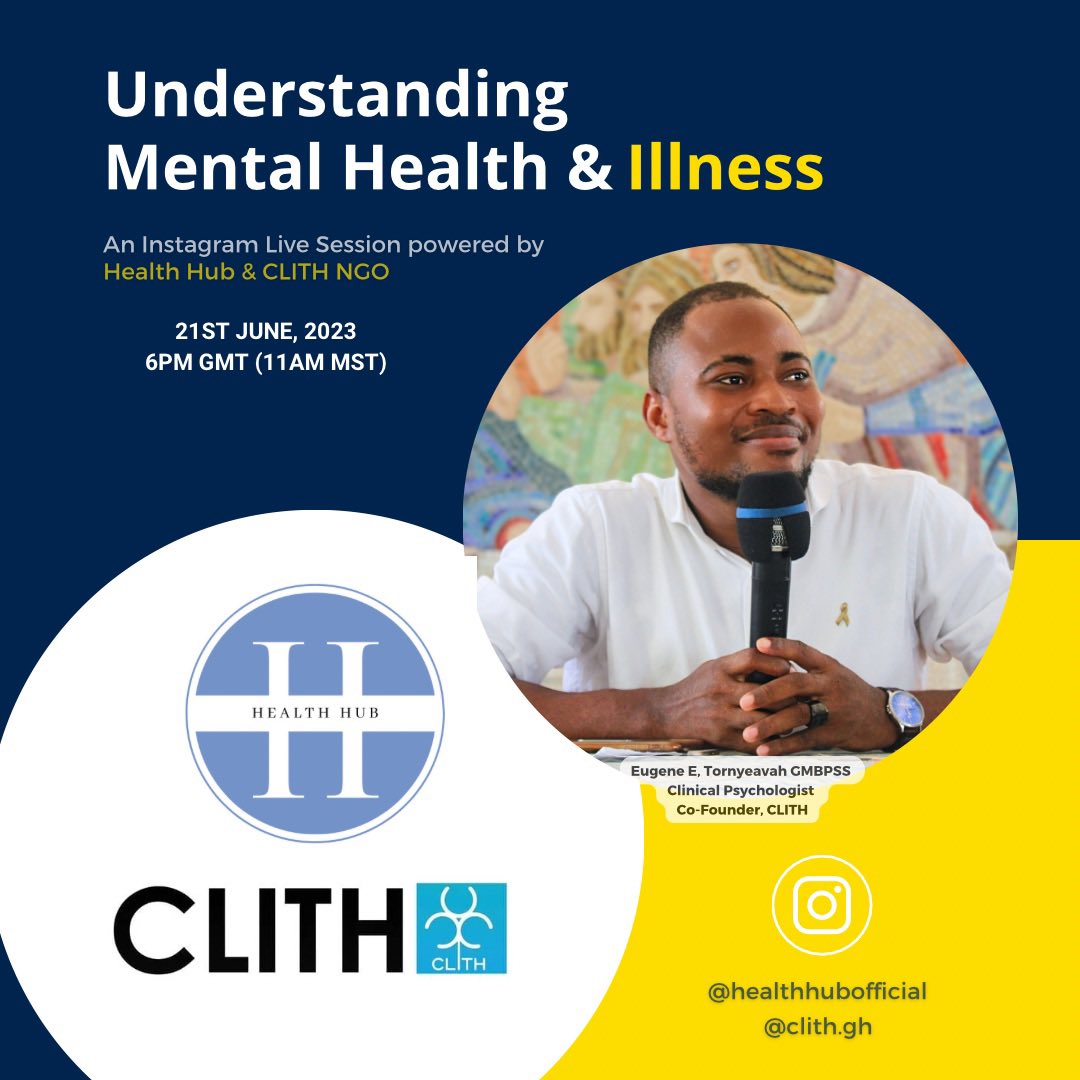 telikemeugene's tweet photo. Join us on Instagram live today at 6pm as we psycho educate on Mental Health and Illness. Follow @clith_ngo on Instagram (@clith.gh) 

#MentaHealth #mentalhealthsupport #psychoeducation #CLITH #HealthHub #fyp https://t.co/o3yTl7iY5E