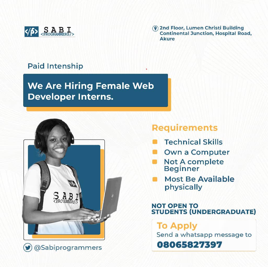 SabiProgrammers's tweet image. 🌟 Exciting news! 🌟 We're looking for talented female web developers to join our team as interns in Akure, Ondo State!
💻 This opportunity is for you to gain real-world experience!
#Hiring #WebDeveloperInternship #Akure #OndoState #AkureHowFar #coding #StreetofAkure