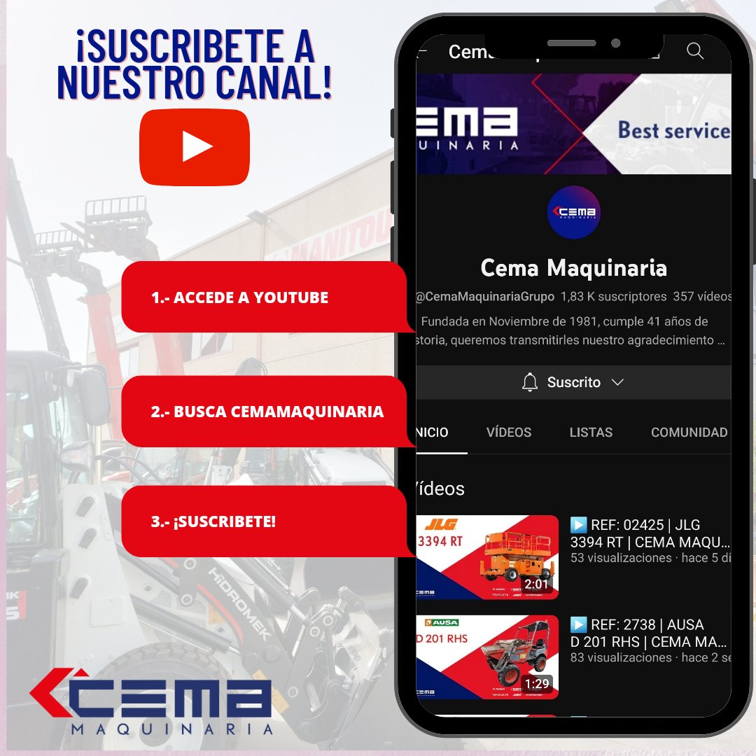 CemaMaquinaria's tweet image. En nuestro canal subimos todas las semanas videos de las máquinas de ocasión que llegan a nuestro parque, también podrás ver algunos videos explicativos de como hacer el mantenimiento a vuestras máquinas o restauraciones de máquinas antiguas.

#youtube #youtubeespaña