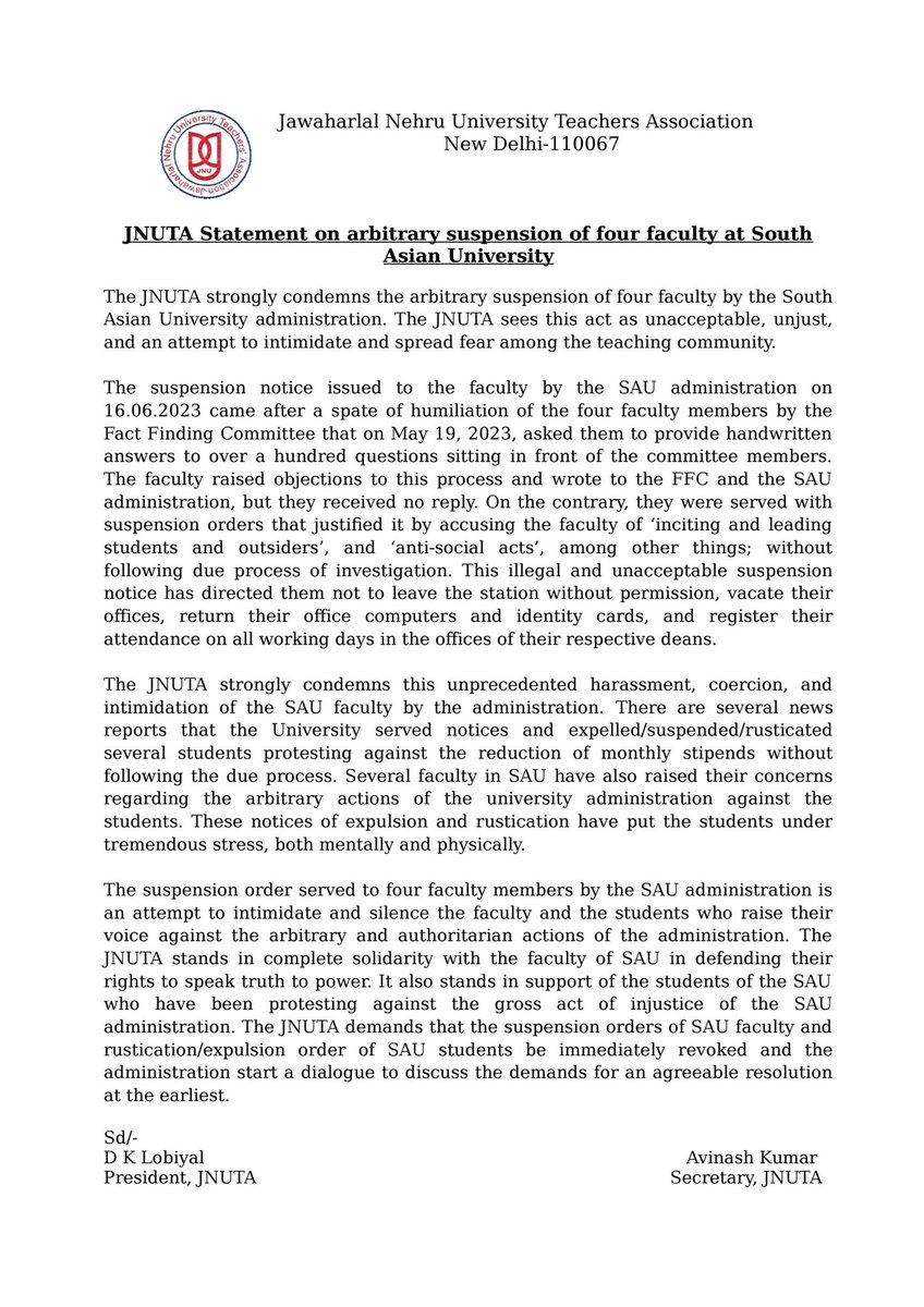 'JNUTA strongly condemns this unprecedented harrassment, coercion and intimidation of the SAU faculty by the administration '
