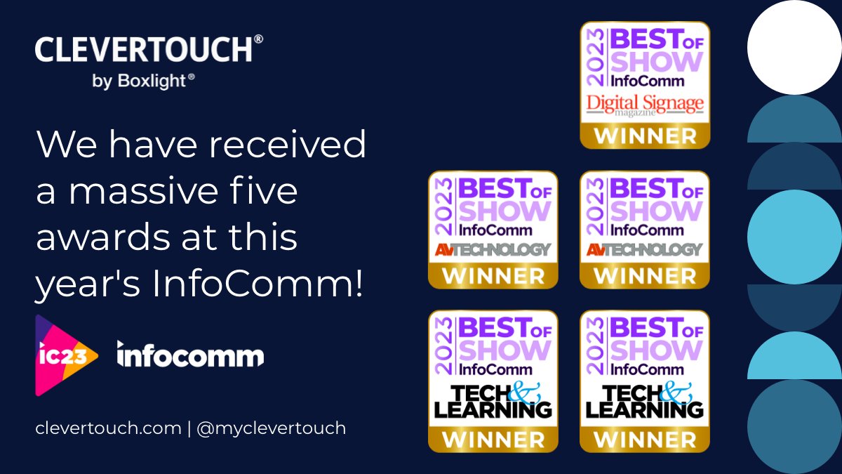 We swept the boards at @InfoComm last week. We are proud to announce that we have received a massive five awards at this year's #Infocomm 
bit.ly/42RcIV9
#infocomm23 #infocomm2023 #avtweeps #awards #bestinshow #avislife #boxlight #myclevertouch #clevertouch $boxl