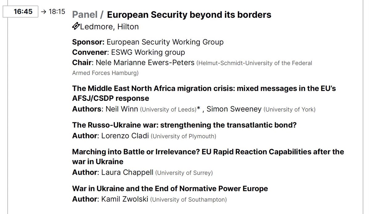 Followed by our panel on 'European security beyond its borders' with @lauracchappell @LorenzoCladi Kamil Zwolski, Neil Winn & Simon Sweeney Thursday 22 June, 4.45pm in Ledmore Hilton