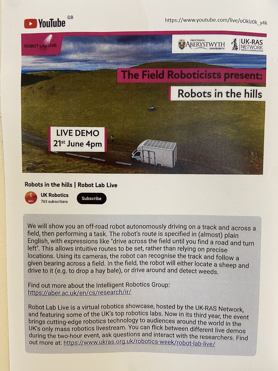 Aber Uni Comp. Sci. (@abercompsci) on Twitter photo Join our Intelligent Robotics team today for a live stream of ‘Robots in the hills’, from 4pm on YouTube 📺: youtube.com/watch?v=oOklz0…
Part of <a href="/UKRobotics/">UK-RAS Network</a> Robot Lab Live ukras.org.uk/robotics-week/…
Intelligent Robotics Group: aber.ac.uk/en/cs/research… <a href="/AberRobotics/">AberRobotics</a> Join our Intelligent Robotics team today for a live stream of ‘Robots in the hills’, from 4pm on YouTube 📺: youtube.com/watch?v=oOklz0…
Part of <a href="/UKRobotics/">UK-RAS Network</a> Robot Lab Live ukras.org.uk/robotics-week/…
Intelligent Robotics Group: aber.ac.uk/en/cs/research… <a href="/AberRobotics/">AberRobotics</a>