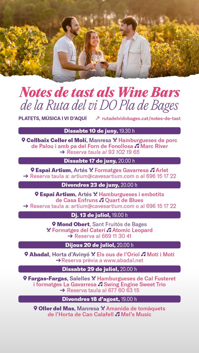 Aquest estiu omple els vespres amb gastronomia, música i vi🎶🍇🍷

Els wine bars de la #dopladebages t'ofereixen un recull de propostes immillorables des del juny fins l'agost
