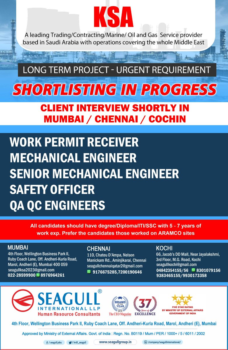 hrd1_seagull's tweet photo. KSA JOB
LONG TERM PROJECT-URGENT REQUIREMENT
SHORTLISTING IN PROGRESS
CLIENT INTERVIEW SHORTLY IN MUMBAI , CHENNAI , COCHIN
.
.
.
#mumbaijobs #kochijobs #chennaijobs #workpermitreceiver #safetyofficer #qaqcengineer https://t.co/I6aD02iRTl