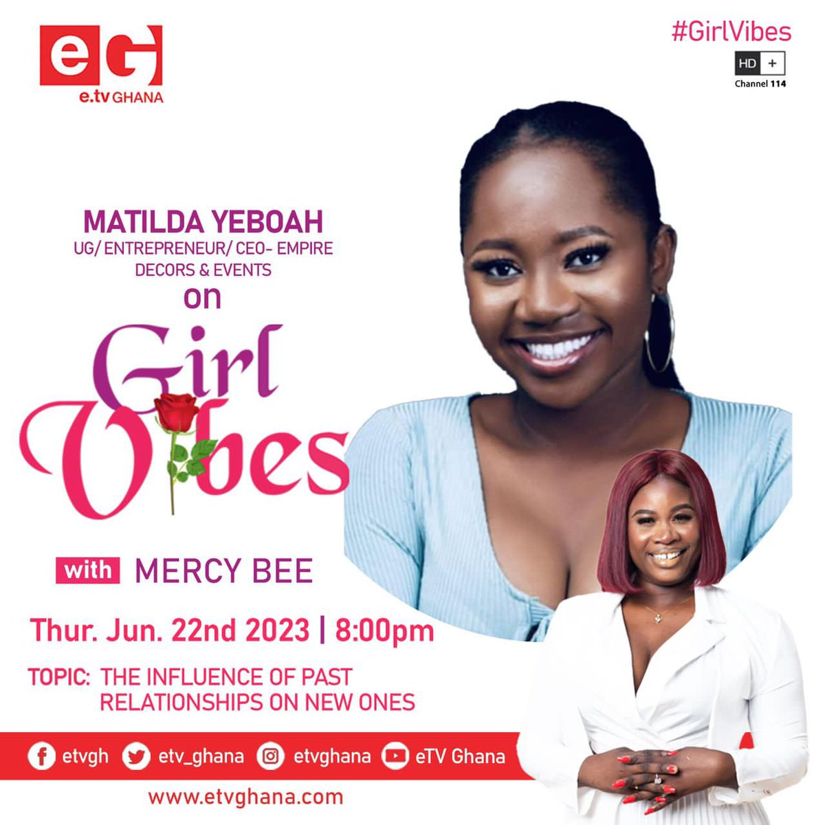 You can't miss tomorrow’s edition of #GirlVibes with @mercybeegh and her guests Matilda Yeboah as they look at “The Influence Of Past Relationships On New Ones”

Do tune in at 8pm sharp and enjoy the discussion.

Don’t miss it! 

#GirlVibes
#etvGhana