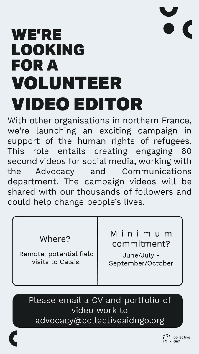 collective_aid's tweet photo. We are recruiting for a volunteer video editor to support our exciting new campaign this summer! Send us a CV and portfolio at advocacy@collectiveaidngo.org!
#recruiting #volunteer #videoeditor #videoediting #videdo #advocacy #campaign #advocacycampaign #communications #video #cv https://t.co/TfkH5SROyl