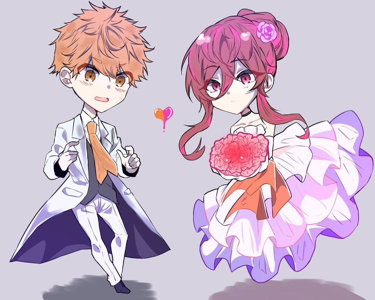 1girl 1boy bouquet dress flower wedding dress chibi  illustration images