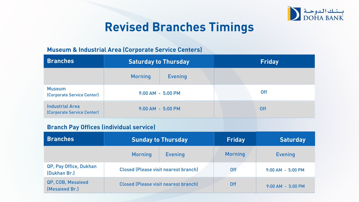Doha Bank on Twitter "Revised Branches timings corporate_services