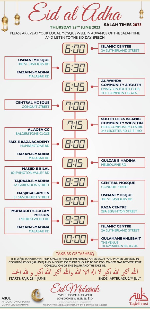 #EidAlAdha (Thursday 29 June 2023) Salaah times for Leicester. Please share and retweet.
