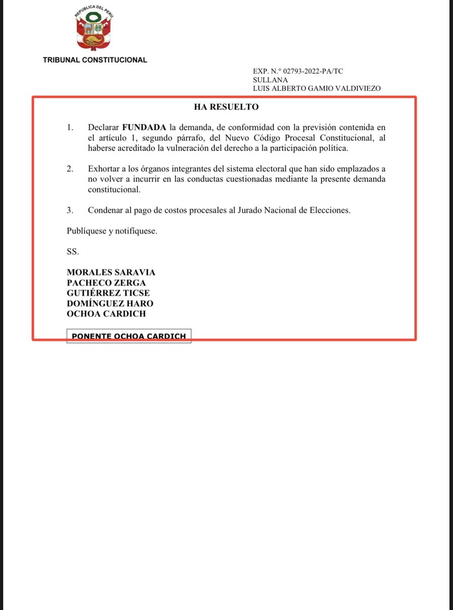 wilbermedinab's tweet photo. Urgente: Después que el @TC_Peru anuló la ilegal decisión del @JNE_Peru Salas Arenas y Sanjinez Salazar deben ser destituidos, acusados constitucionalmente e inhabilitados por grosero prevaricato al administrar selectivamente justicia electoral…👀👇 https://t.co/gNn4pdC2nE