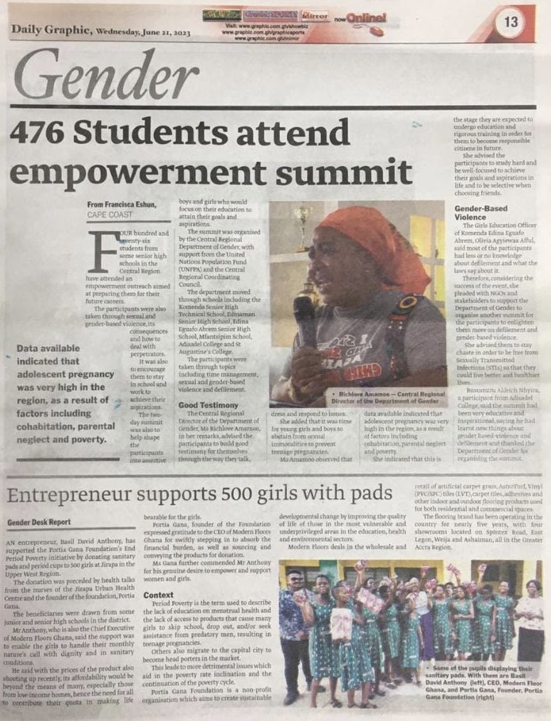 Grab a copy of Todays Daily Graphic 🇬🇭 Turn to Page 13 and read more…

@modernfloorsgb @PortiaGana @FoundationGana @TicketGhana @Graphicgh 

#endperiodpoverty #portiaganafoundation #modernfloors #basildavidanthony #jirapa #upperwest #ghana #socialresponsibility #societalimpact…